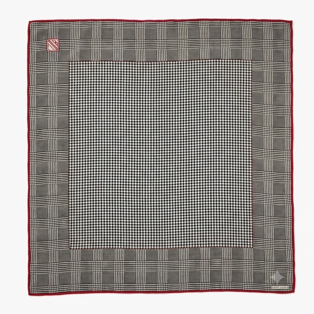Vtg Ralph Lauren Silk Scarf Houndstooth Plaid Square Red Border Preppy 34" X 34"